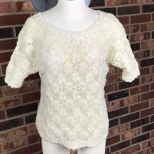 True Vintage cream colored hand beaded elbow sleeve sweater hand knit size 42!